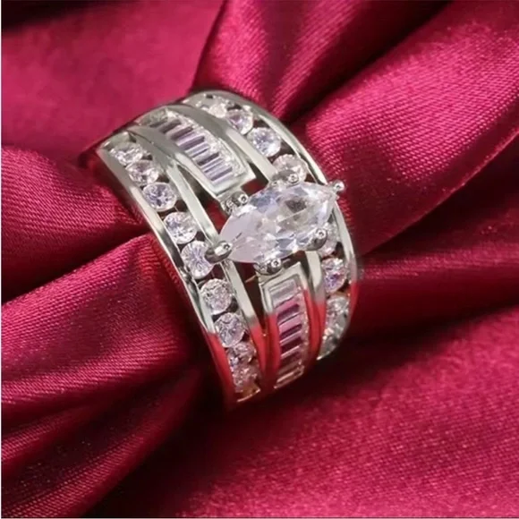 NEW Luxury 925 Silver Round Marquise Baguette Cut Round Engagement Wedding Ring - Picture 3 of 4